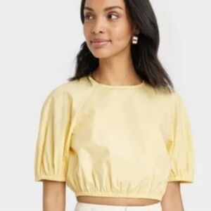 A NEW DAY WOMEN'S YELLOW PUFFED SLEEVE CROPPED BLOUSE. SMALL/ NWT